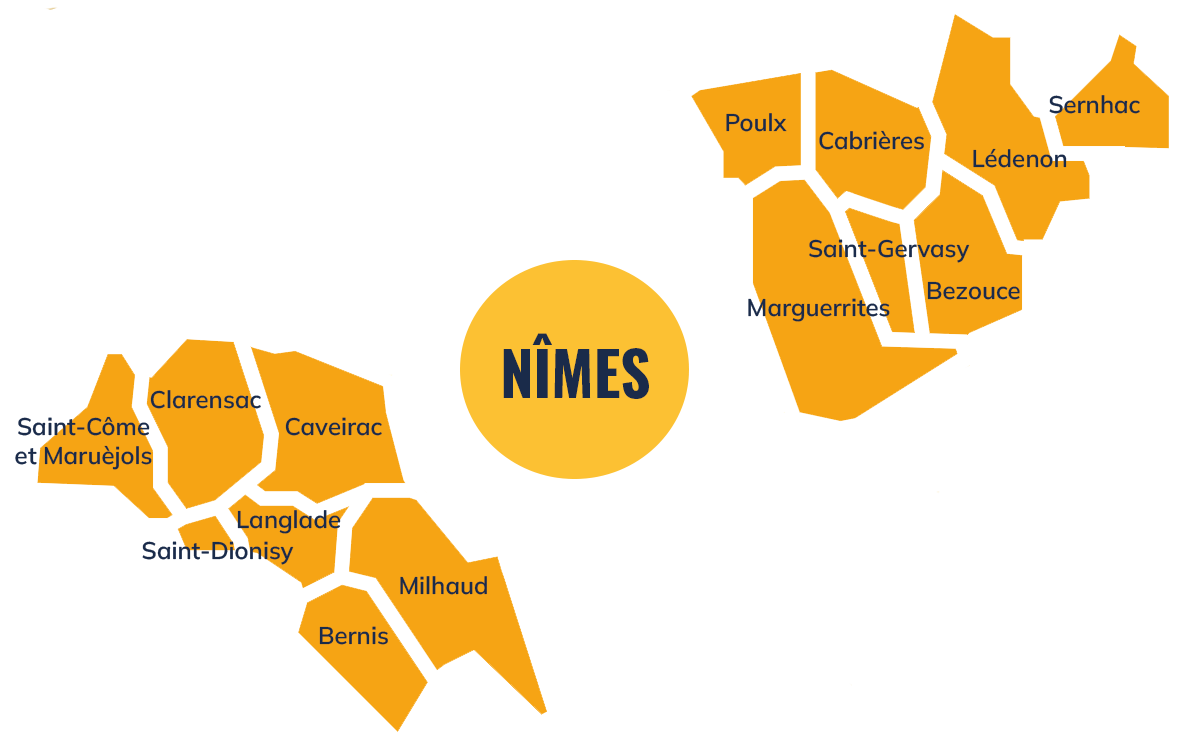 Infographie du territoire des Garrigues et ses quatorze communes